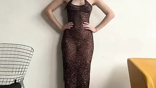 teasing home yoga in tight transparent dress