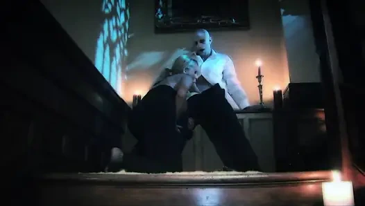 Busty babe fucked on the stairs by her friend's boyfriend.