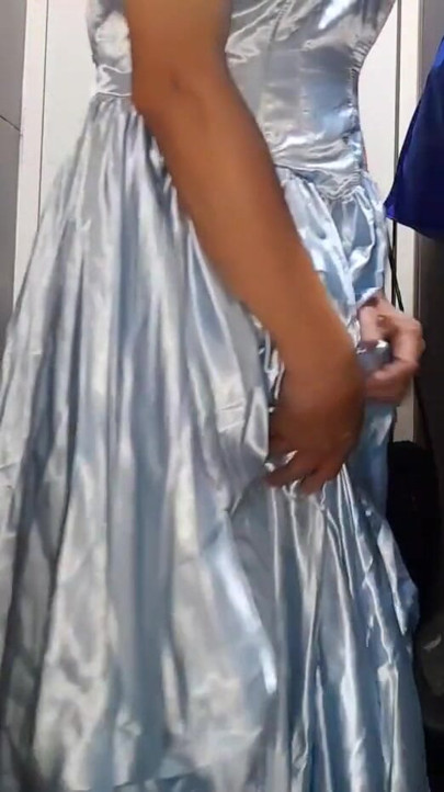 Crossdresser Cum Wearing Elegant Satin Ball Gown | Clip 1