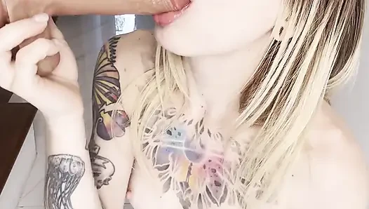 Tattooed Blonde Gagging on Dildo and Waiting for Your Load