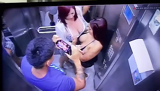 Real amateur threesome on the elevator