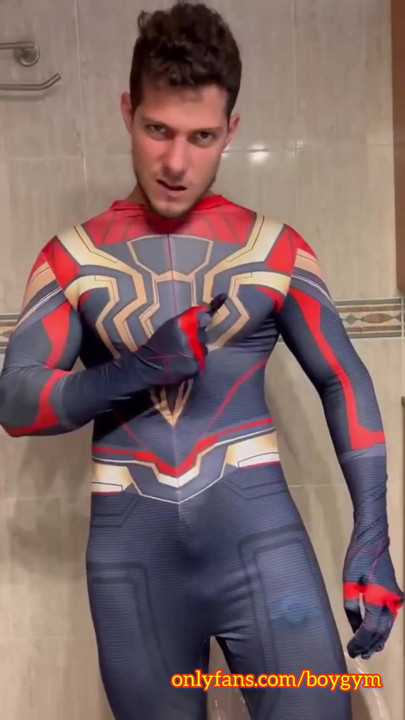 I cum without hands in the spiderman suit