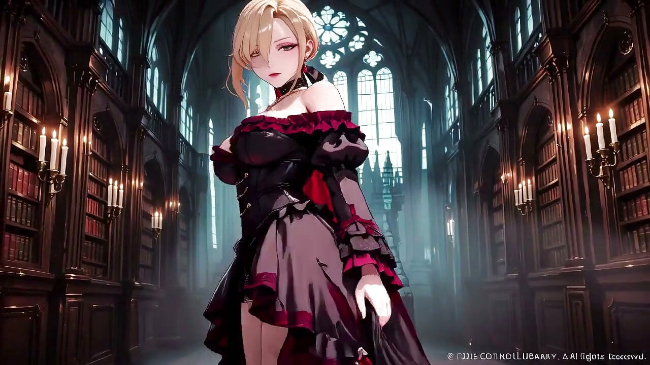 Blonde in a Black Gown Swaying on Red Velvet, Candlelight Gaze and Fan Teasing the Collarbone