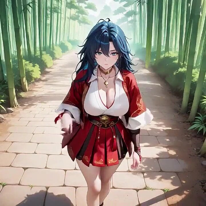 Samouraï aux cheveux bleus ! Service dans la Bamboo Grove. Quels secrets cachent sous ce kimono à fente haute ?