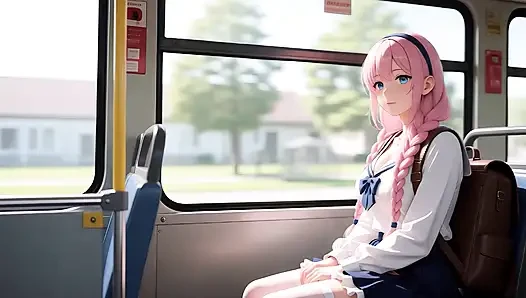 Cewek imut rambut pink lagi jalan-jalan di luar ruangan sambil jalan-jalan ke kamar tidur yang lembut