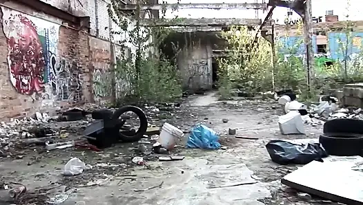 Blonde chick is spreading her legs outdoors