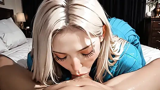 Blonde Colombian Blue Eyes Kneeling Sucking Thick Cock Of Her Boyfriend With Desire, Blowjob Deep Full Throat, Saliva Cumming