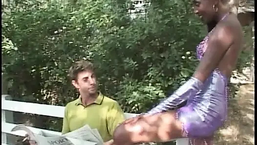 Randy ebony babe takes dick in her twat and mouth