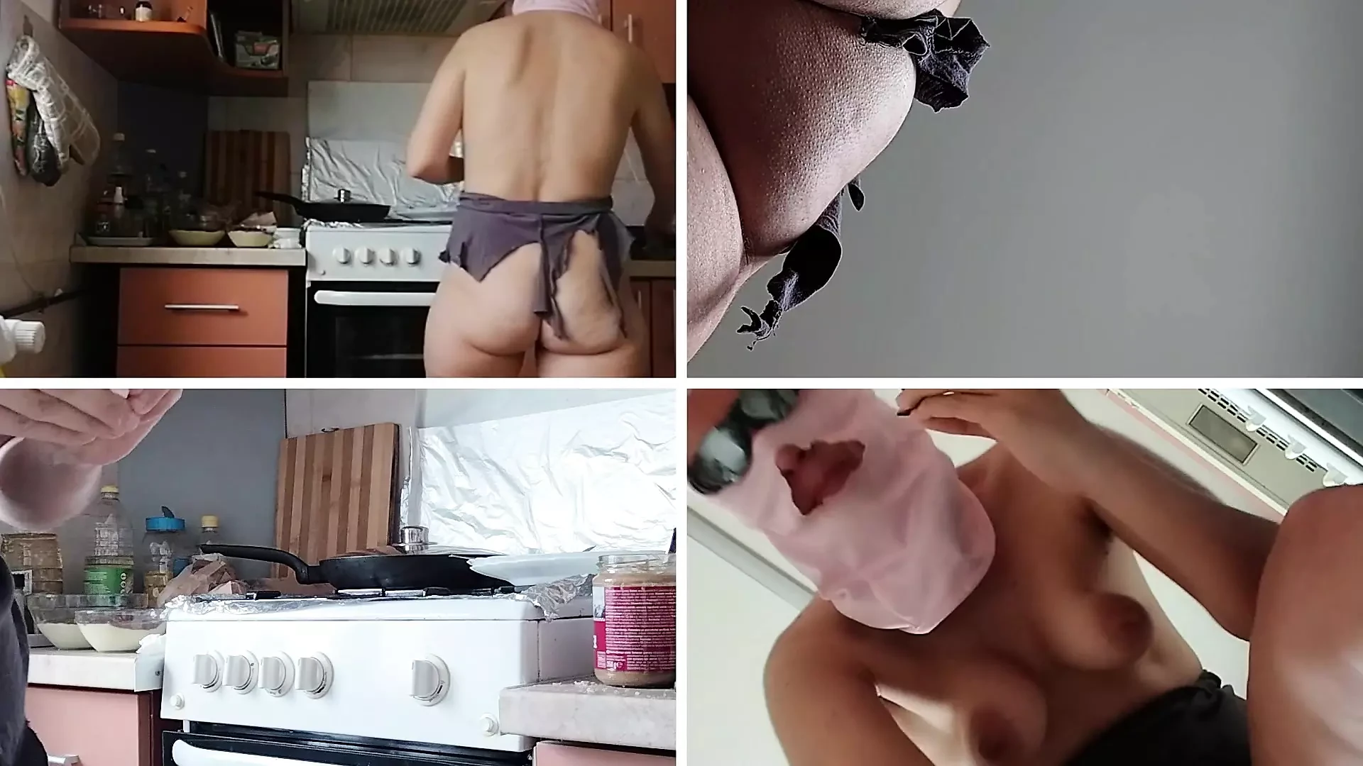 Brunette hairy pussy prepares breakfast naked in the kitchen. Sexy mom cleans the house naked.