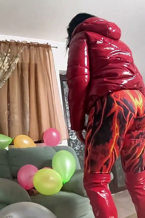 Dominant Red Downjacket MILF Balloon Humiliation. Failed Erection, Big Dildo Riding and Popping
