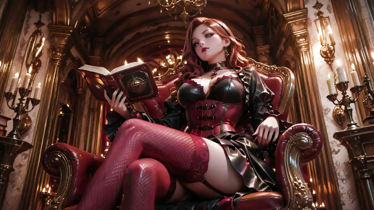 Rainha ruiva gótica! Uma coroação luxuosa no salão iluminado por velas, ajoelhada com uma taça dourada e meias transparentes.