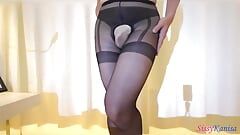 SisK Lingerie Collection EP 10: Dressing of Open Crotch Black Pantyhose with Garter Patterned