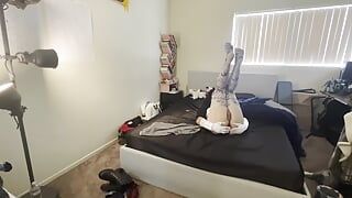 cutie teen femboy cums with anal plug vibrator on her bed :3