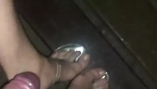 Naked in the Park, Cum on Feet in clear Sandals