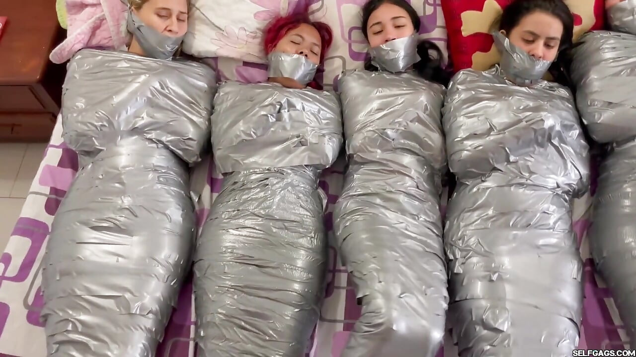 5 Mummified Girls Struggle All Wrapped up and Gagged!