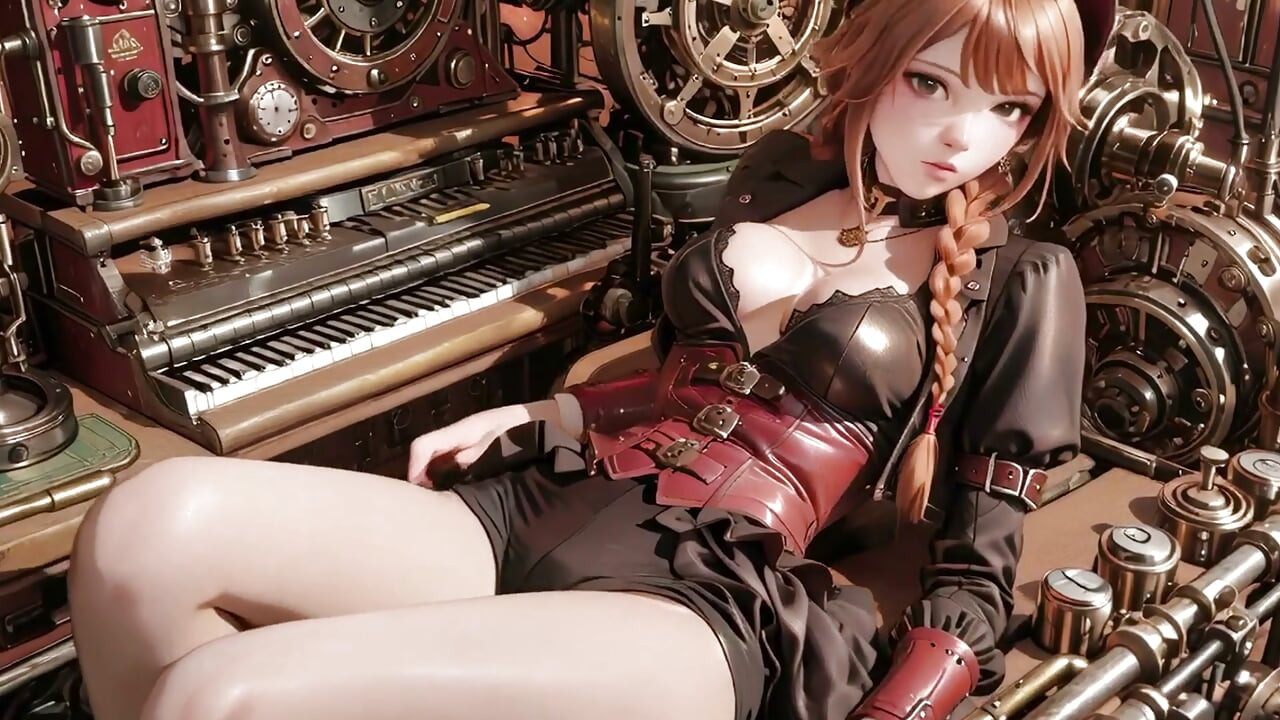 Steampunková vévodkyně! Zrzavá mechanická dívka se škádlí v Ozubené síni.