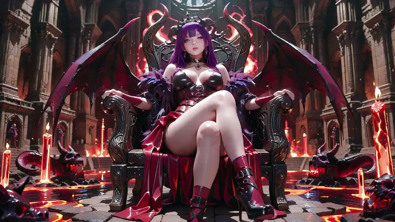 Reina demonio de pelo morado! Una fiesta prohibida en el trono magma, armadura rojo-negro agarrada a la piel ardiente!