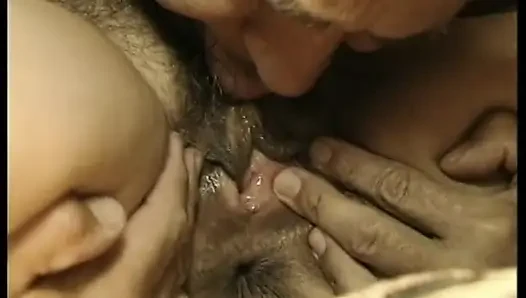 Hairy blonde mature gets spitroasted in a threesome
