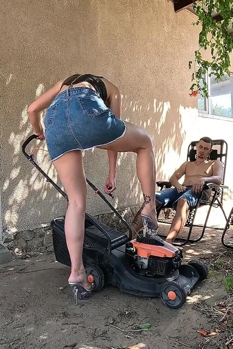 Clear Sandals, Cranking Mower & Cum on My Shoe Outdoor Fetish JOI