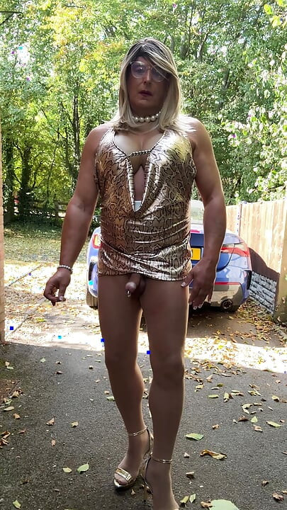 Sexy Crossdresser kellycd2022 in gold leopard print dress tan pantyhose and heels s