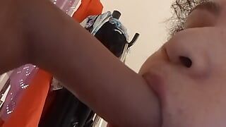 Dirty chubby girl intense blowjob on realistic dildo with spit and sucking noises