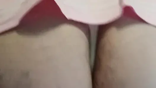 Thick BBW rides big realistic dildo in a pink babygirl cheer dress