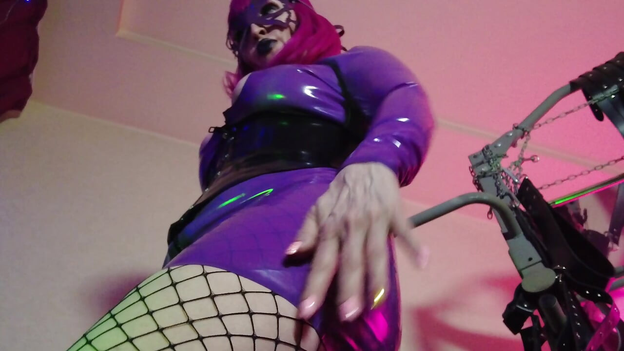 Fetish Rubber Dominatrix Eva Latex Purple Dress Mask Big Ass MILF Toys BDSM Femdom Solo Hot