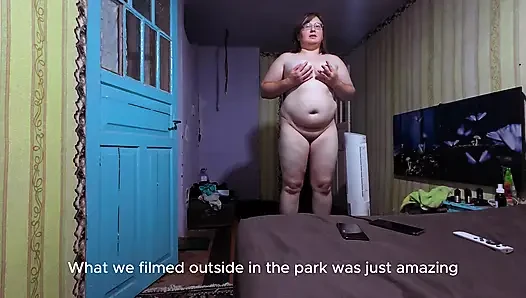 Naked Curvy Brunette on Vibration Platform Reads Comments with English Subtitles