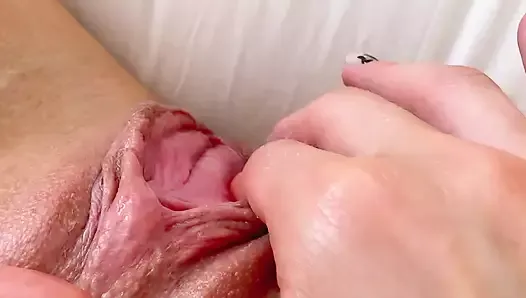 Creamy slimy juices dripping out of my pink pussy when I’m playing with my clit and cumming