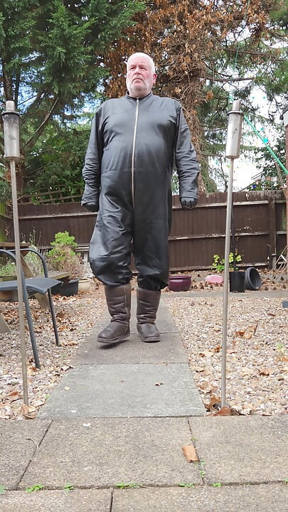 Leather Overalls in the Garden
