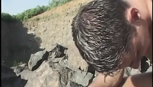 Experimental bisexual threesome embark on a cum quest in the mountains