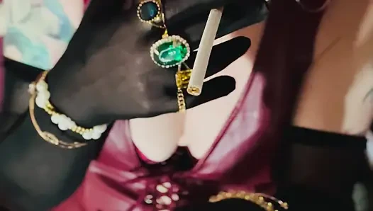 Red Leather & Cigarettes! Tina Snua Smoking A Cigarette Wearing Black Sheer Gloves & Jewelry