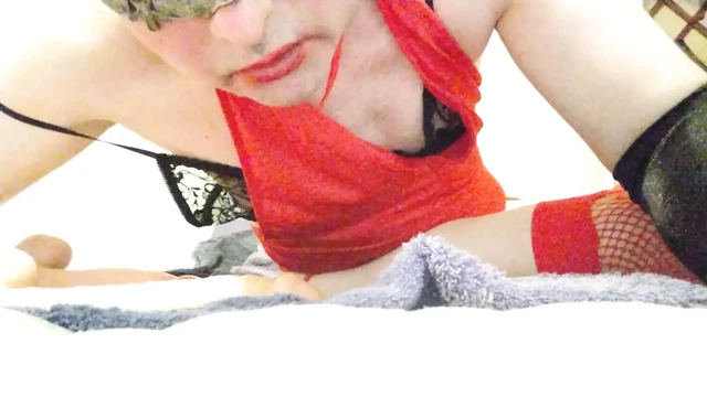 Effeminate gay transvestite spreads her wet pussy wide with her dildos