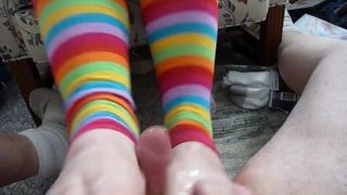 Footjob with rainbow leggings