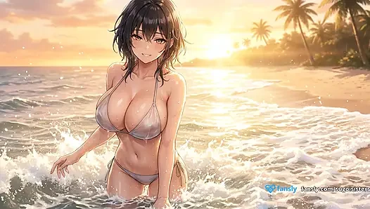 Gadis cantik di pantai saat matahari terbenam - adegan provokatif