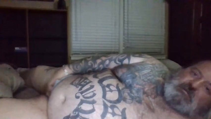 Big Sexy Tattooed Chub Strokes His Small Cock.