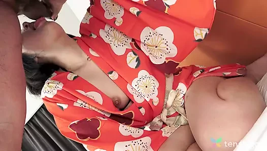 Hot fuck doll Hana Kawamura moans as she has hard sex with two men.