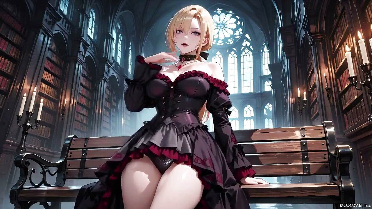 Blonde in a Black Gown Swaying on Red Velvet, Candlelight Gaze and Fan Teasing the Collarbone
