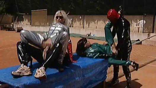 Fisting anal foursome on the tennis court with stunning German dolls