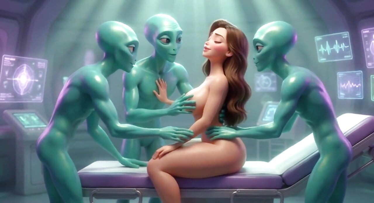 Hermosa mujer de Nueva York ayuda apasionadamente a tres extraterrestres emocionados a lograr el alivio - generado por ia