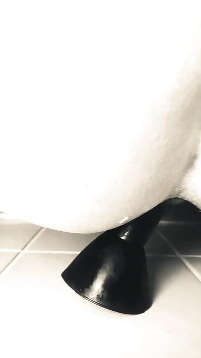 Thick Beads Dildo - First Time Anal Insertion on suction cup in Bathroom while wife is gone