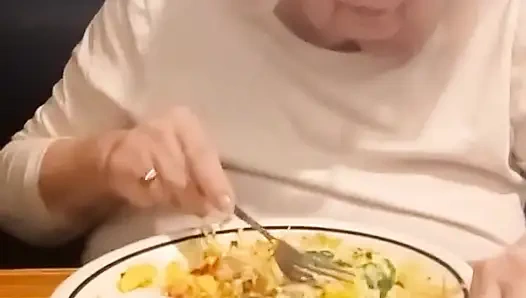 Stepmom and I eating breakfast