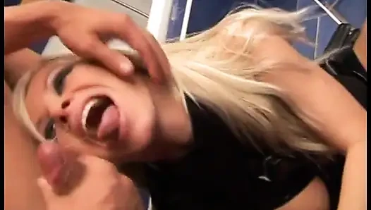 Strict blonde dominatrix blows slave's dick and makes him drill her wide cunt