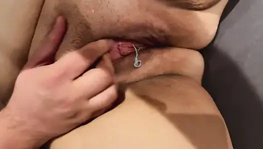 chubby shaved wife with new toy