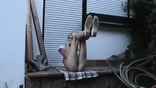 Skinny blonde girl fucking around the house