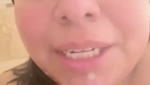 Horny Slut fucks her throat with bbc dildo in shower