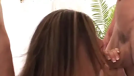 Horny bitch in hot lingerie takes toys and two cocks in living room