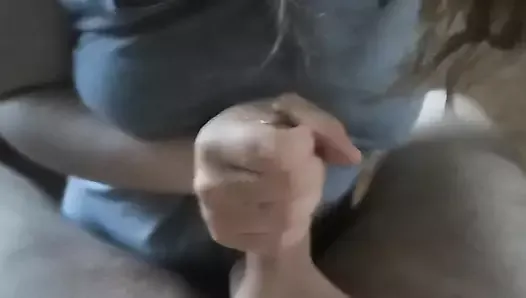 Young gf gives handjob and spits on my cock