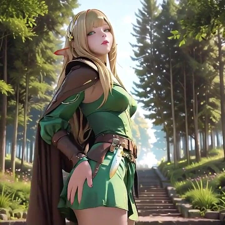 Forest Elf's Private Fantasy! Green off-shoulder Outfit, Kneeling and Arching Hips Against a Stark White Backdrop.
