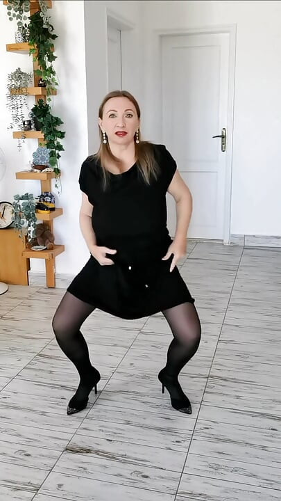 Hot MILF Shaking Huge Natural Boobs, Wearing Black Stockings and High Heels